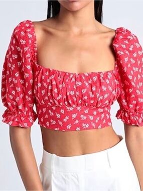 And Other Stories Red Floral Puff-Sleeve Crop Top NWT
